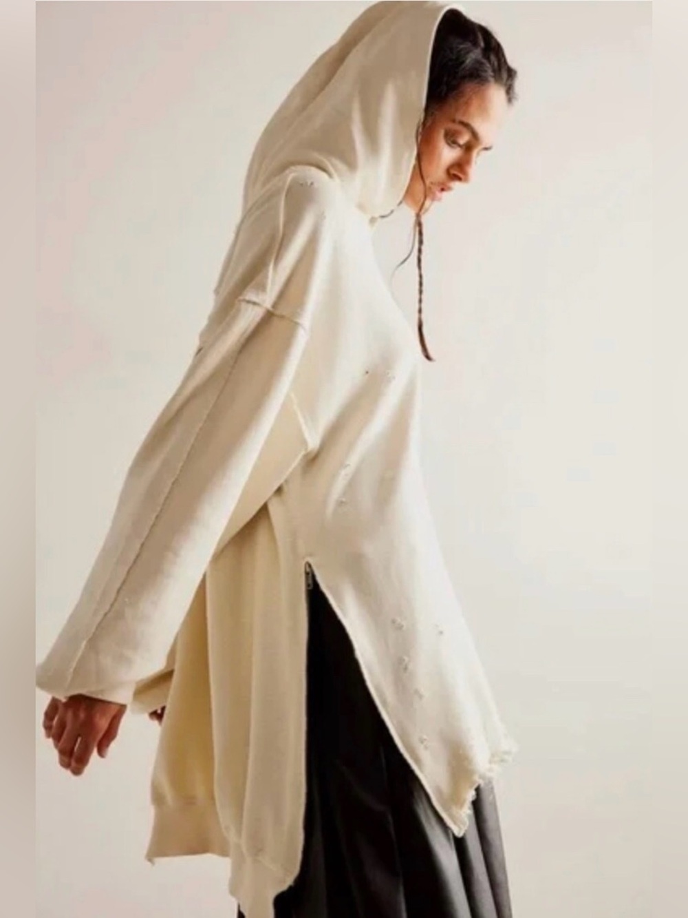 Free People Everyday Hoodie Sweatshirt Oversize Distress Harbor Fog Ivory L